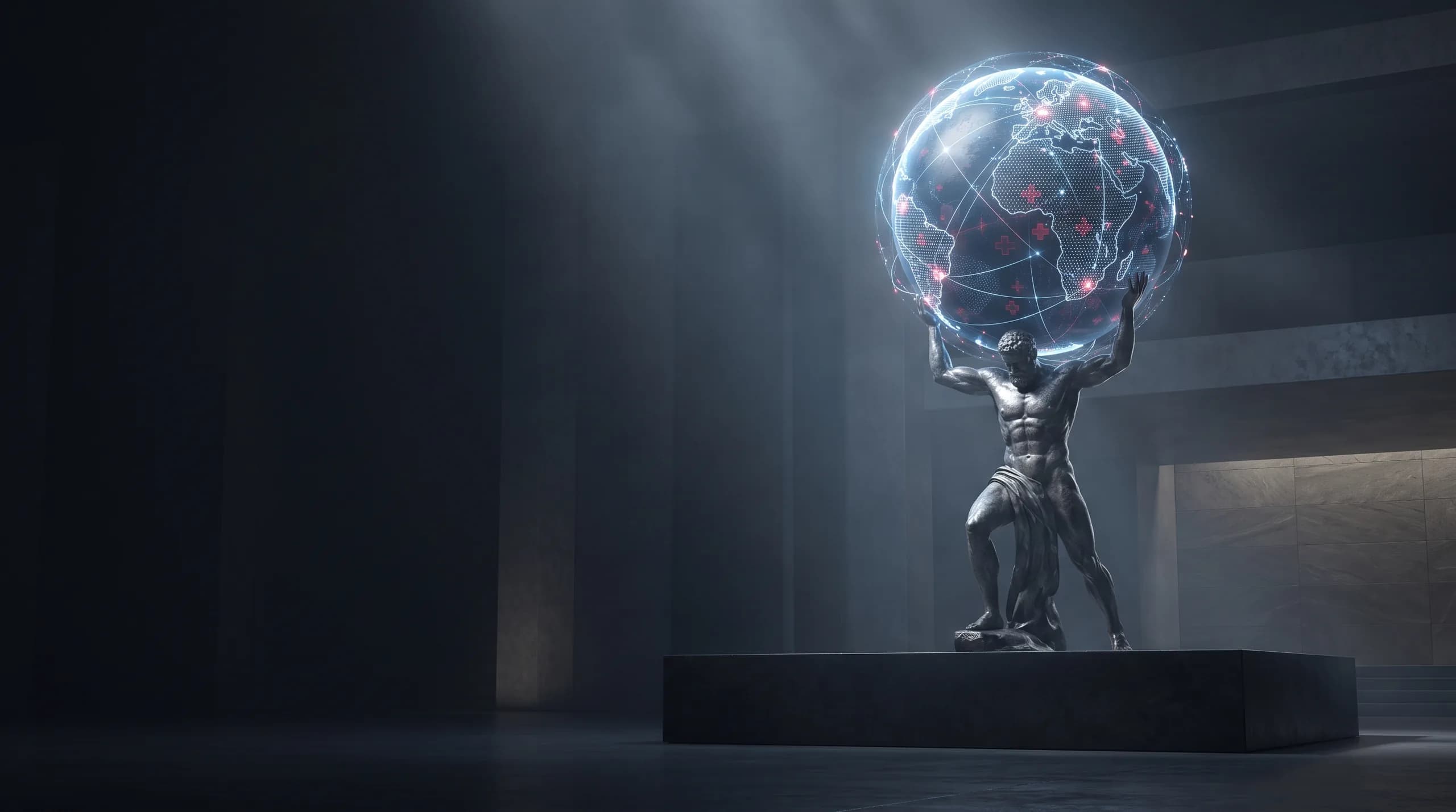 A statue of Atlas kneeling and bearing aloft a glowing globe woven with icons for health, research, and community support